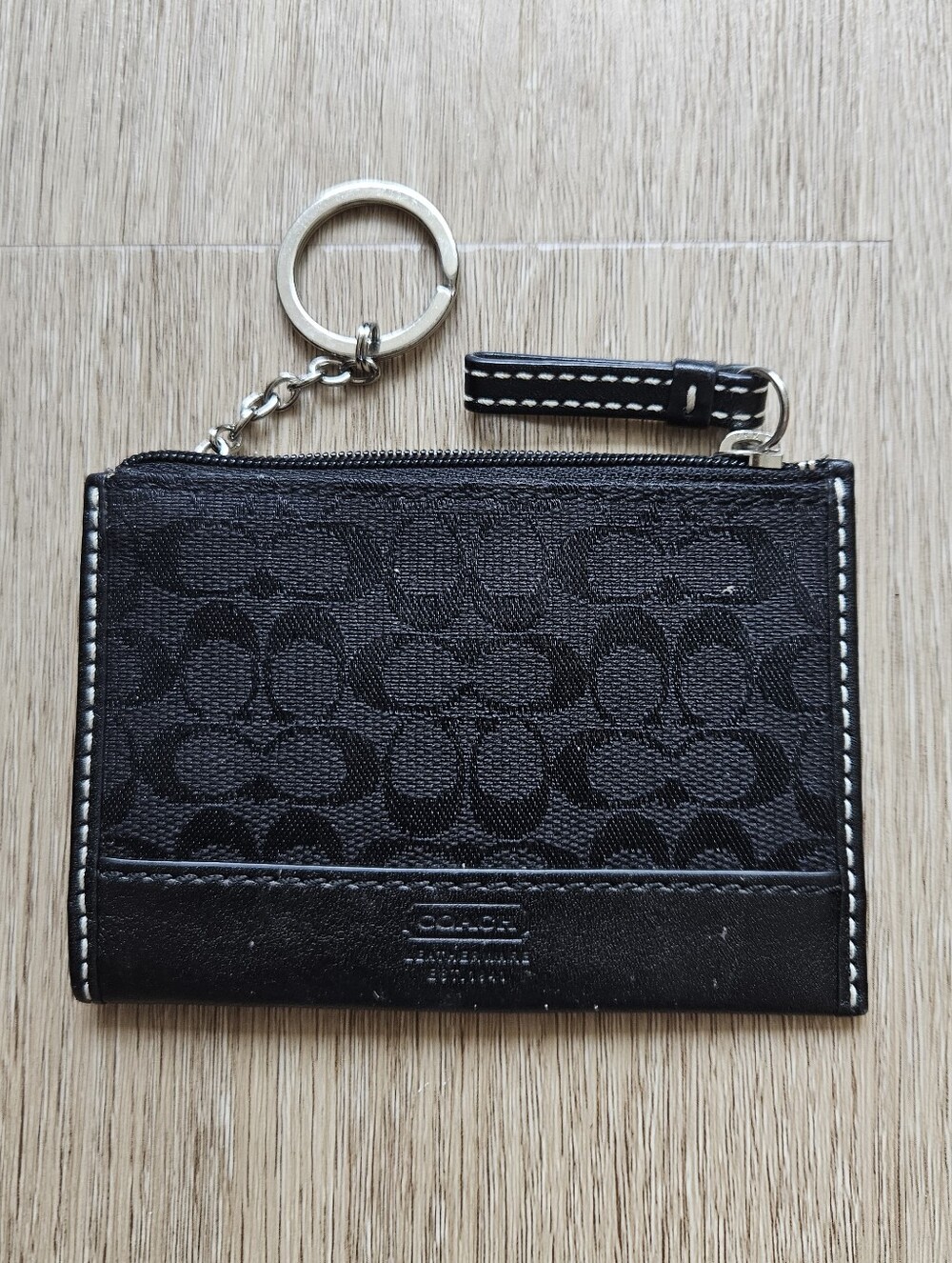 Coach Black Signature Zip Card Case Keychain